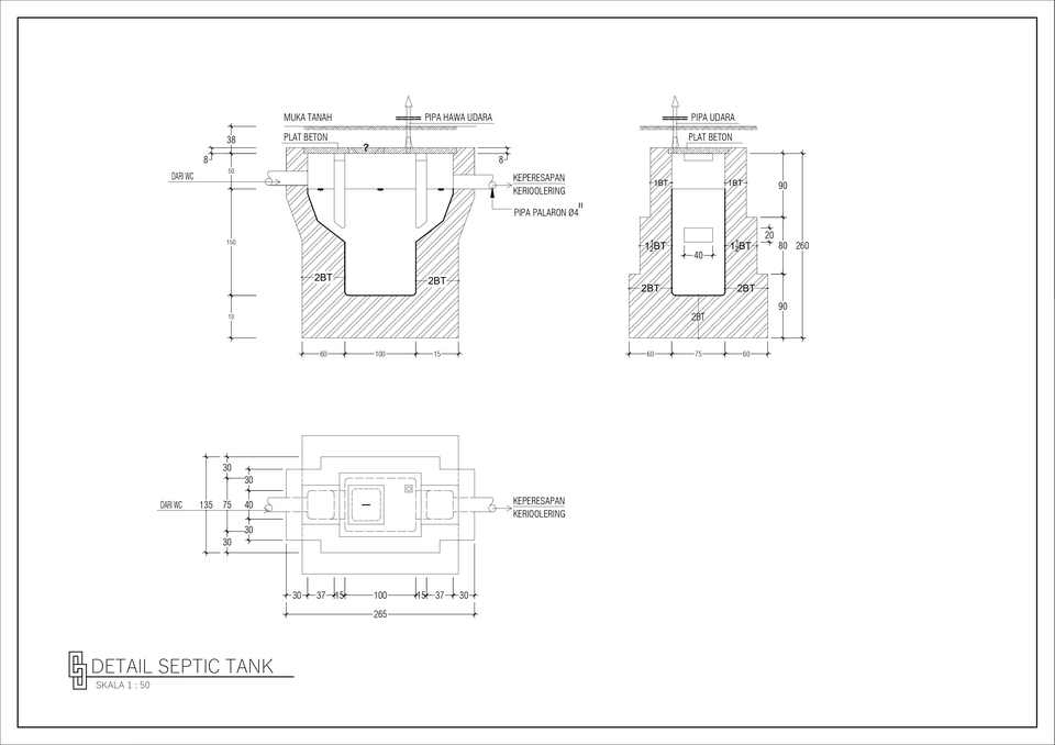 Jasa drafter autocad untuk gambar septic tank dengan detail lengkap dan ukuran yang presisi