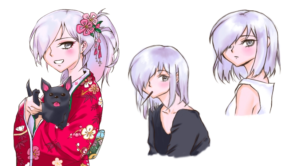 รับวาดรูปภาพประกอบ ภาพวาดสาวผมสีขาว holding a cute puppy in a red kimono dress