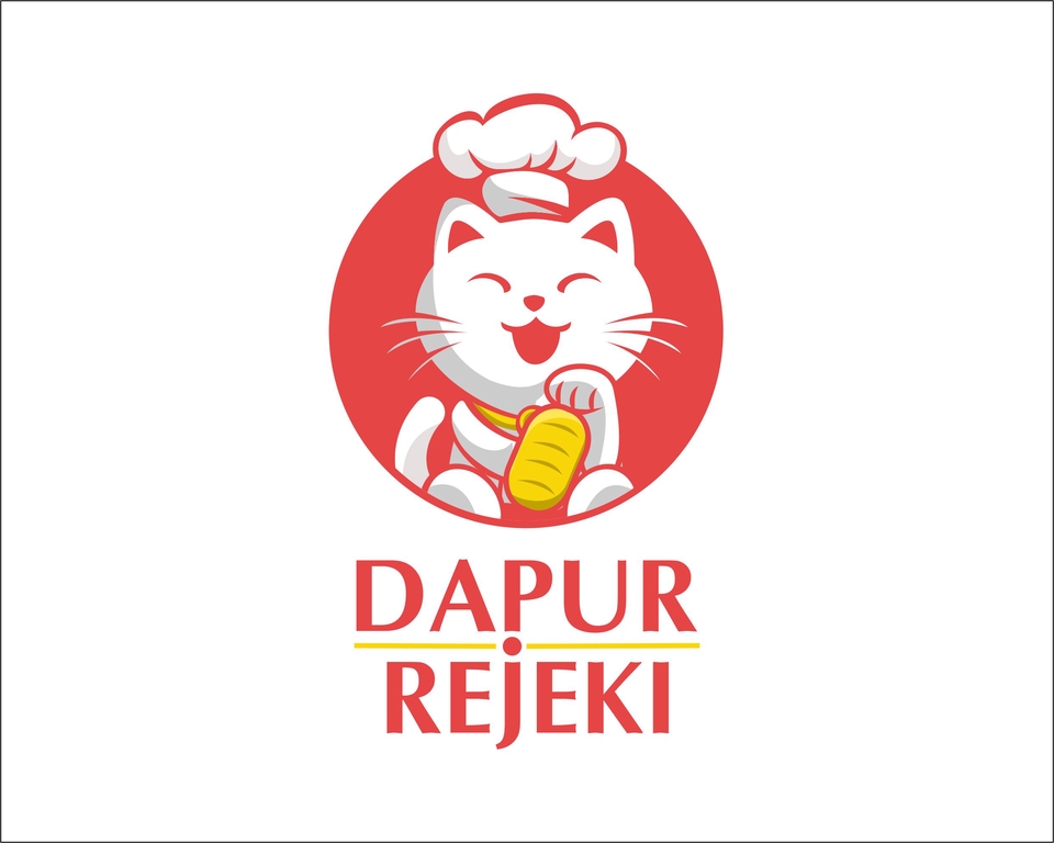 Logo restoran dengan gambar kucing memakai topi koki dan memegang makanan, dapur rejeki, desain logo online