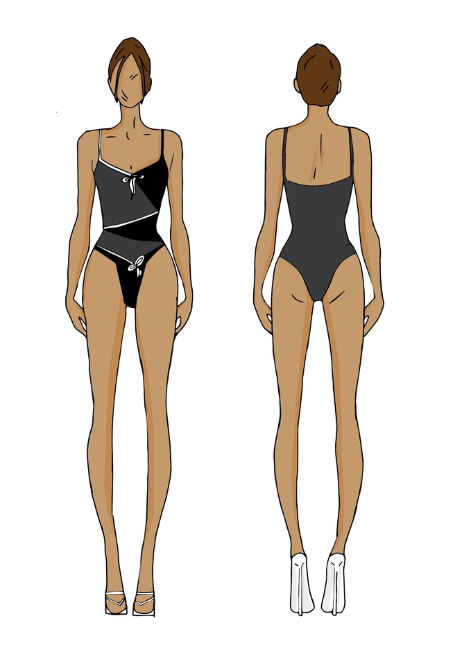 Desain baju wanita dengan model swimsuit hitam putih dengan detail pita.