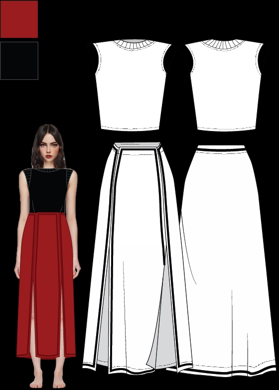 Jasa ilustrasi wanita dengan gaun merah dan putih untuk inspirasi desain busana