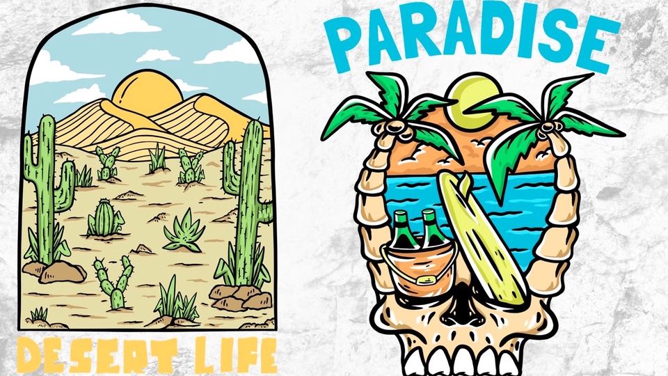 Desain kaos dengan gambar kaktus di padang pasir dan tengkorak dengan gambar kelapa di pantai.