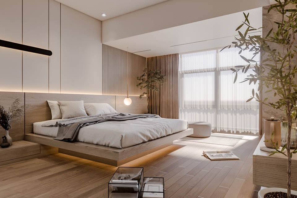 Desain interior kamar tidur minimalis modern dengan tempat tidur kayu dan jendela kaca besar, cocok untuk inspirasi desain rumah dan apartemen.