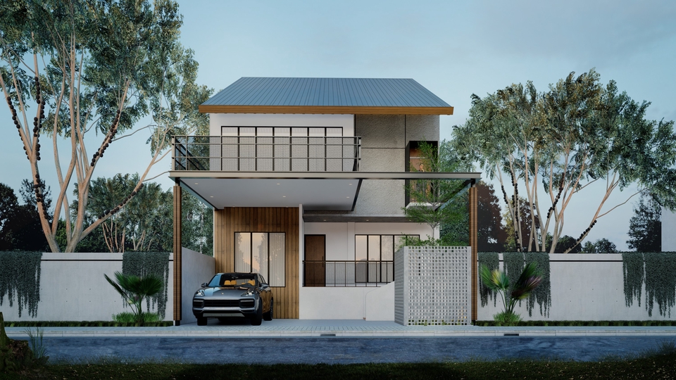 Jasa pembuatan video animasi 3d untuk rumah modern dengan desain minimalis dan halaman hijau