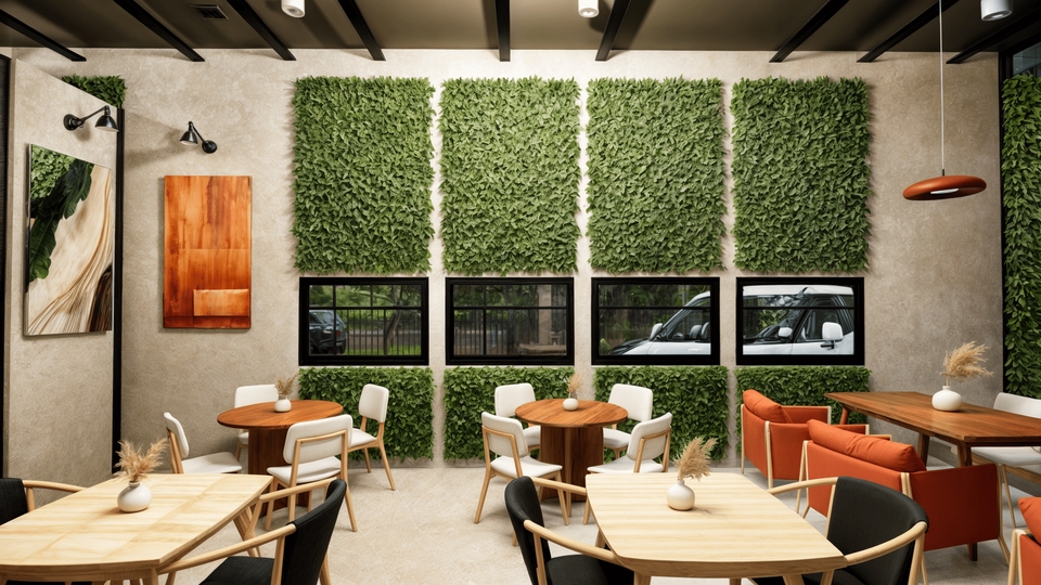 Desain interior kafe minimalis dengan konsep modern dan taman vertikal, jasa desain interior kafe di Indonesia.
