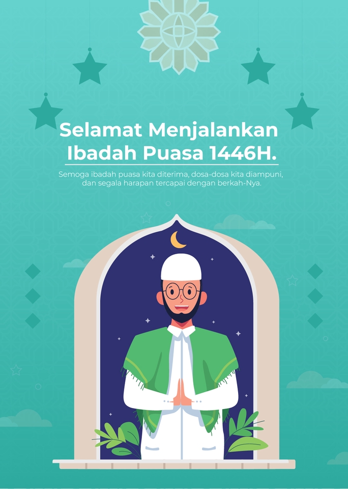 Ilustrasi seorang pria muslim sedang berdoa di bulan Ramadhan dengan latar belakang bulan sabit, bintang dan masjid untuk desain spanduk selamat menjalankan ibadah puasa 1446H.