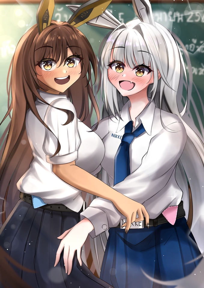 รับวาดรูปการ์ตูนอนิเมะ ผู้หญิงน่ารัก 2 คน ในชุดนักเรียน สไตล์มินิมอล