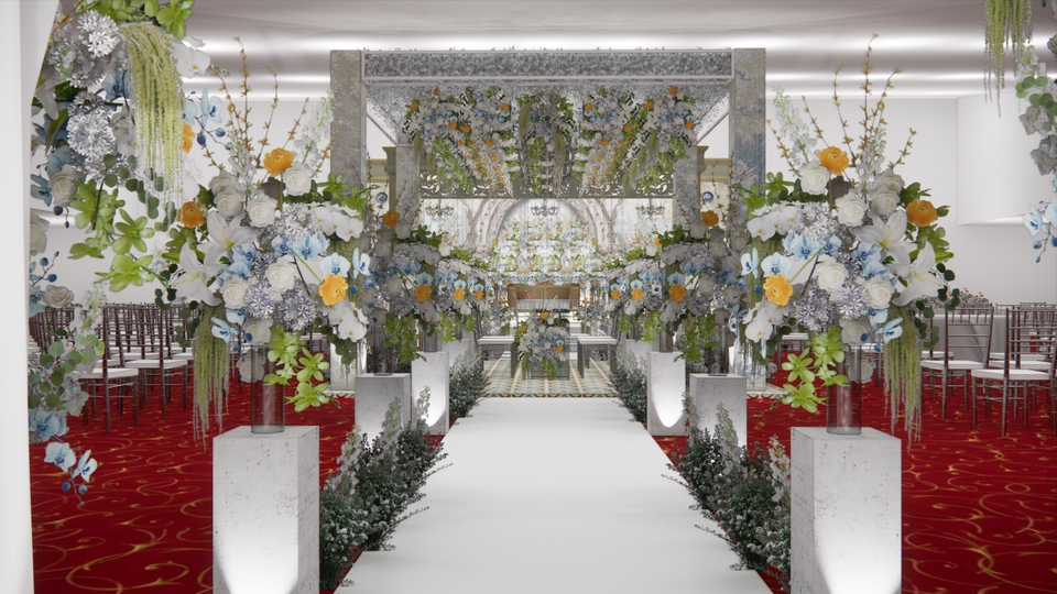 Dekorasi pernikahan dengan bunga-bunga putih biru dan kuning, backdrop dekorasi pernikahan, dekorasi pernikahan dengan bunga, dekorasi pernikahan, ilustrasi pernikahan, ilustrasi desain pernikahan, desain pernikahan, jasa desain pernikahan, jasa ilustrasi desain pernikahan, jasa ilustrasi pernikahan, jasa ilustrasi desain.