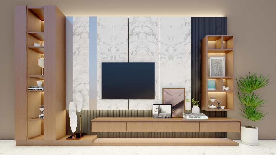 Jasa Desain Interior Rumah Minimalis Modern dengan TV dan Rak Dekoratif