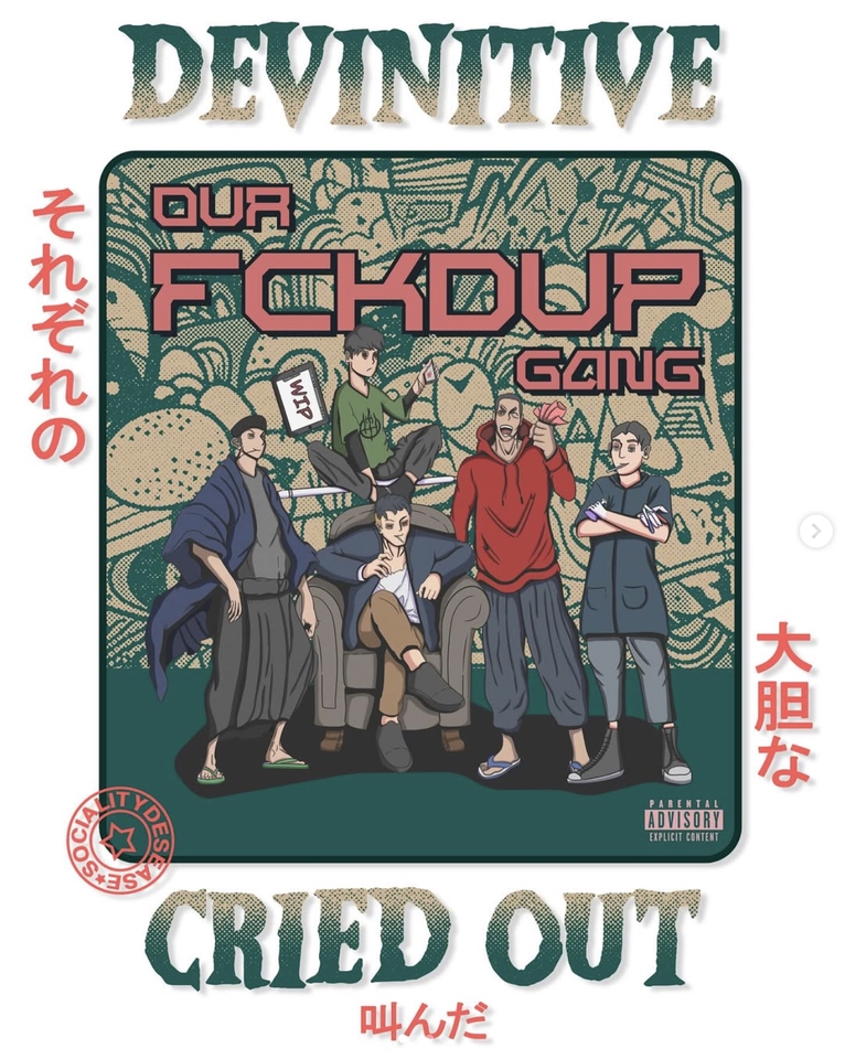 Ilustrasi grup musik dengan gaya kartun yang menampilkan judul "Definitive - Cried Out". Ilustrasi ini cocok untuk poster, banner, dan desain lainnya.