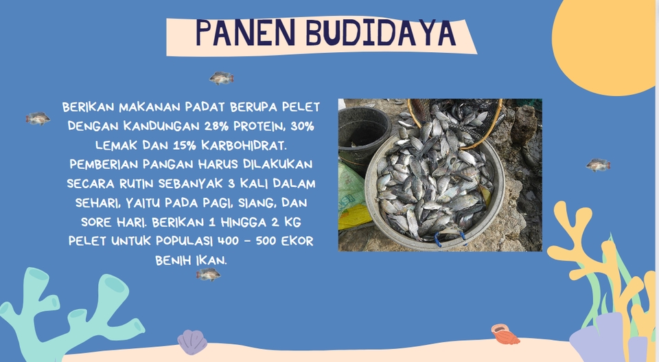 Jasa desain presentasi powerpoint untuk budidaya ikan dengan informasi tentang jenis pakan dan jumlah pakan.