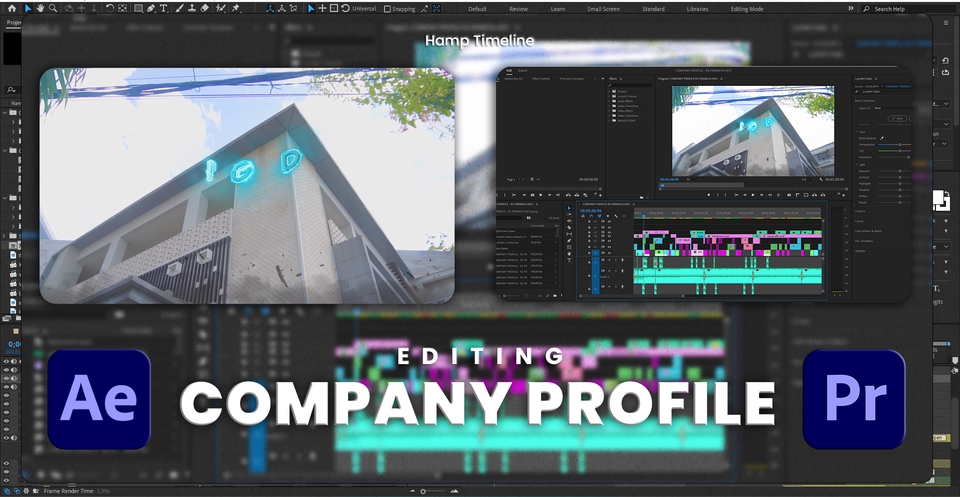 Jasa editing video profesional untuk profil perusahaan, video promosi, dan konten media sosial. Pengeditan video dengan Adobe Premiere Pro dan After Effects.