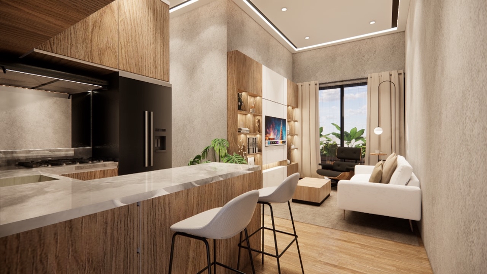Jasa desain interior 3D untuk apartemen modern dengan dapur dan ruang makan yang minimalis.