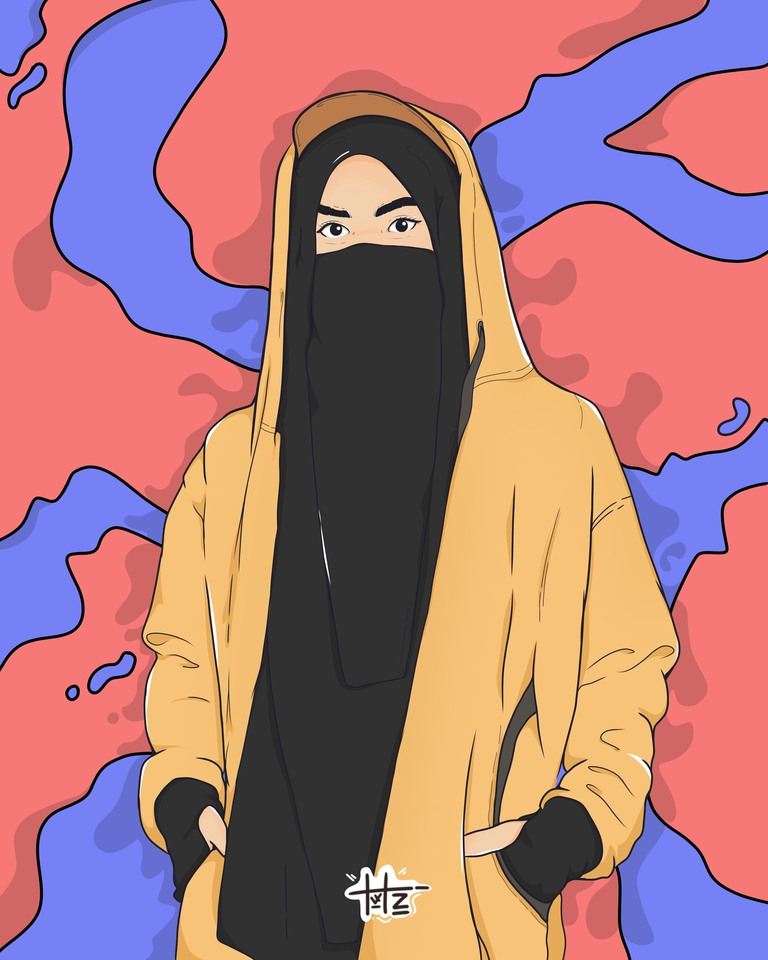 Ilustrasi digital seorang wanita berhijab dengan jaket kuning dan latar belakang abstrak.