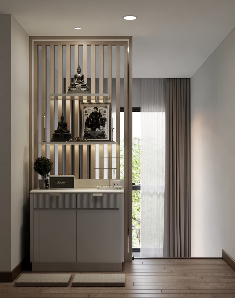 รับออกแบบตกแต่งภายในบ้านสไตล์โมเดิร์น สวยหรู พร้อมชั้นวางของและพระพุทธรูป