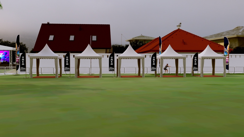 Jasa desain 3d eksterior, rendering desain cafe minimalis di lapangan hijau dengan tenda putih.