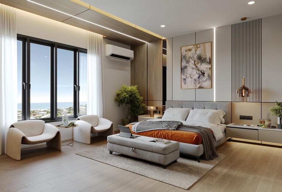 Desain interior ruang tidur dengan konsep modern minimalis, lengkap dengan furniture seperti tempat tidur, lemari, dan kursi.