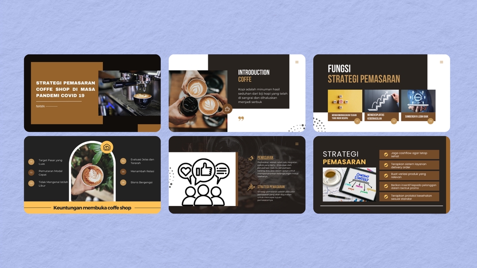 Jasa desain presentasi power point untuk coffee shop dengan desain modern dan profesional, cocok untuk presentasi usaha anda.
