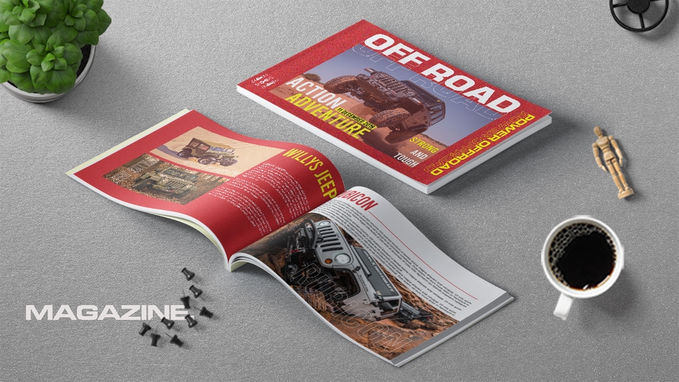 Desain majalah off-road dengan gambar mobil jeep dan ilustrasi alam.