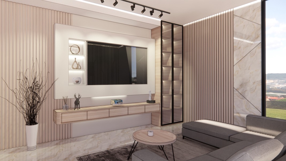 Jasa desain interior minimalis modern untuk ruang tamu dengan TV dan rak dinding.