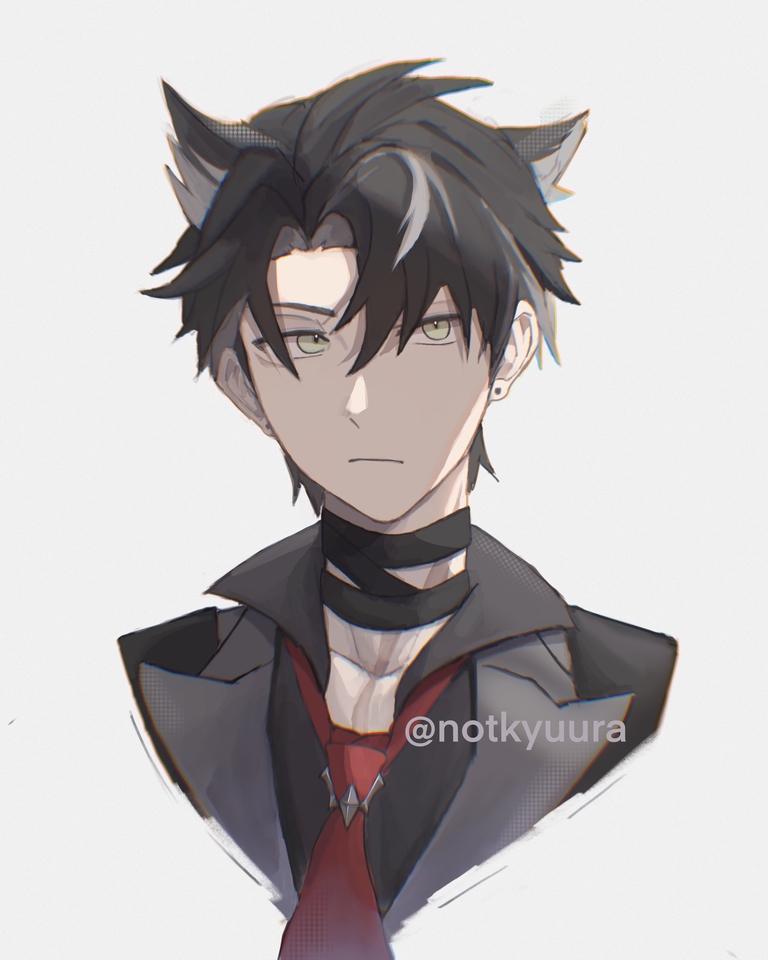 Ilustrasi digital anime laki-laki berambut hitam dengan telinga kucing, menggunakan jas abu-abu dan dasi merah, ilustrasi karakter anime