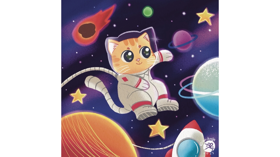 Ilustrasi kucing memakai baju astronot di luar angkasa
