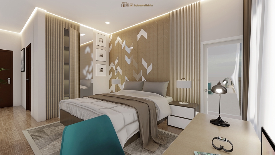 Desain Interior Kamar Tidur Minimalis dengan Dinding Kayu dan Jendela Besar.
