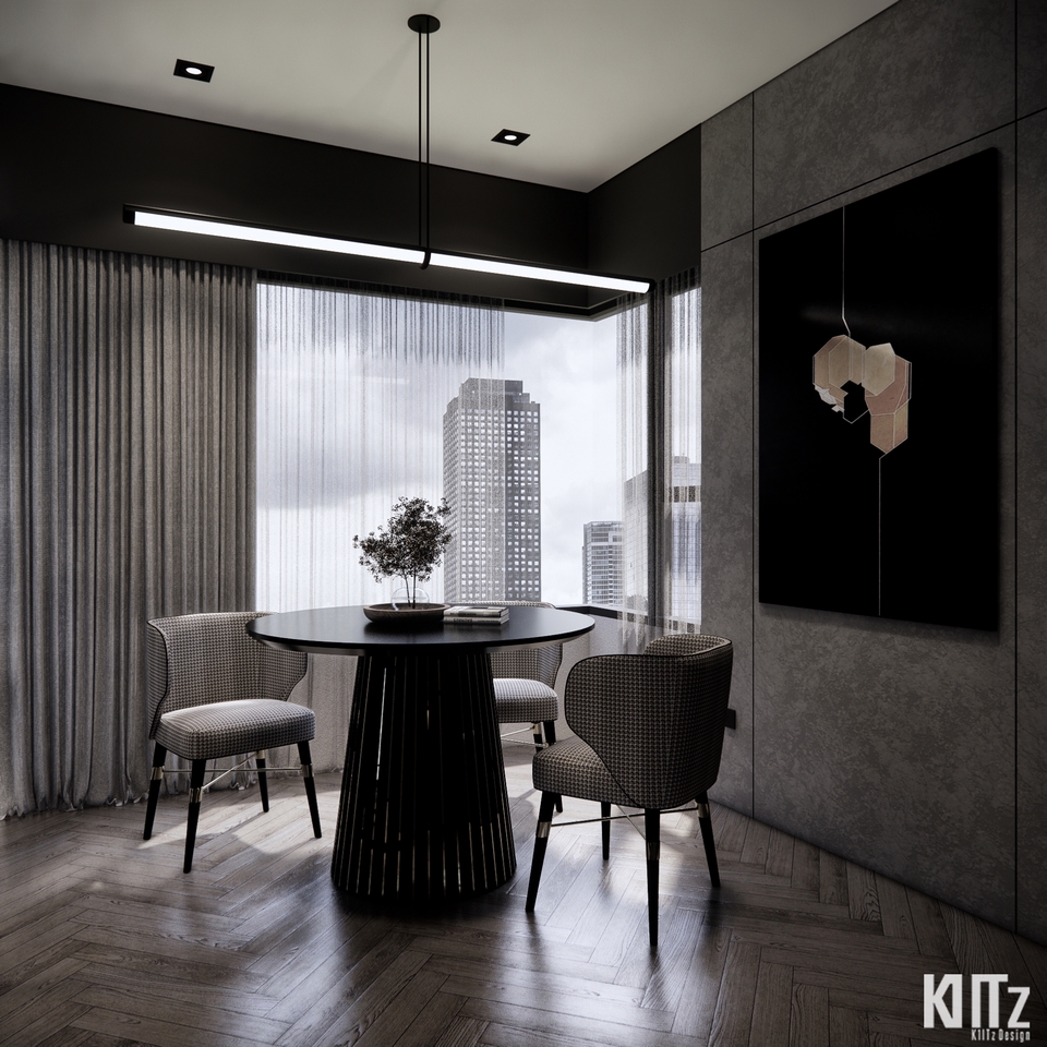 รับออกแบบตกแต่งภายใน บ้านพักอาศัย สไตล์โมเดิร์น มีโต๊ะรับประทานอาหาร เก้าอี้ และวิวเมือง