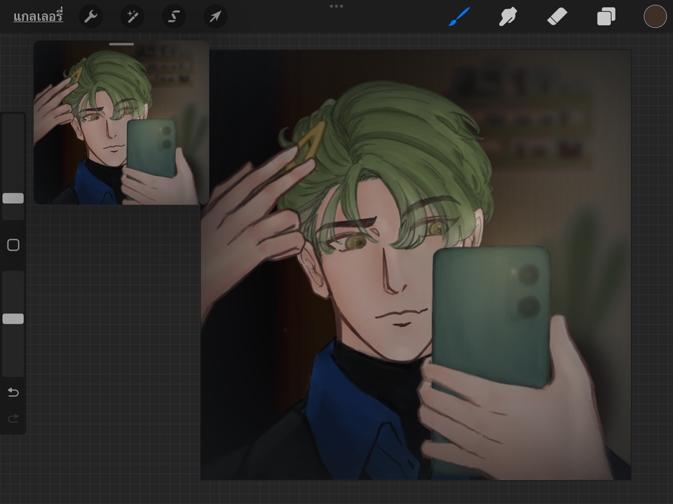 รับวาดรูปการ์ตูนอนิเมะสไตล์ญี่ปุ่น หนุ่มผมเขียว ถือโทรศัพท์ วาดภาพเหมือน วาดการ์ตูนน่ารัก