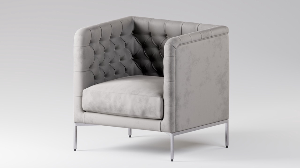 Desain kursi minimalis modern untuk ruang tamu dengan kaki chrome dan jahitan tombol