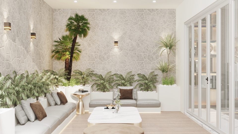 Desain interior ruang tamu minimalis dengan sofa putih dan tanaman hijau di samping jendela kaca.