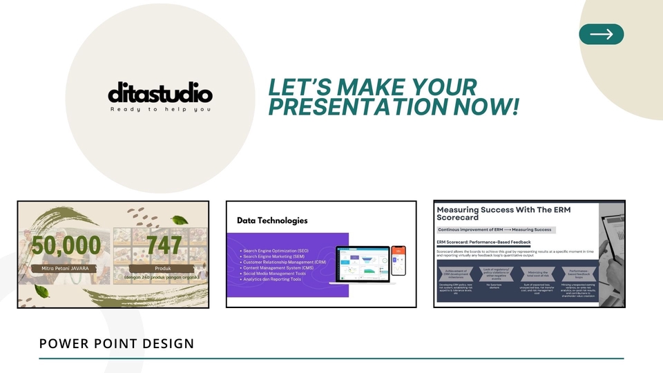 Jasa desain presentasi PowerPoint untuk berbagai kebutuhan, termasuk presentasi data, teknologi, dan pengukuran keberhasilan.