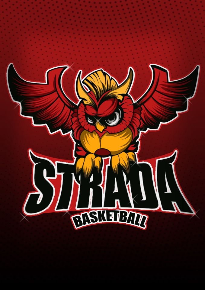 Ilustrasi kartun hewan burung hantu dengan tulisan "STRADA BASKETBALL" untuk logo tim basket