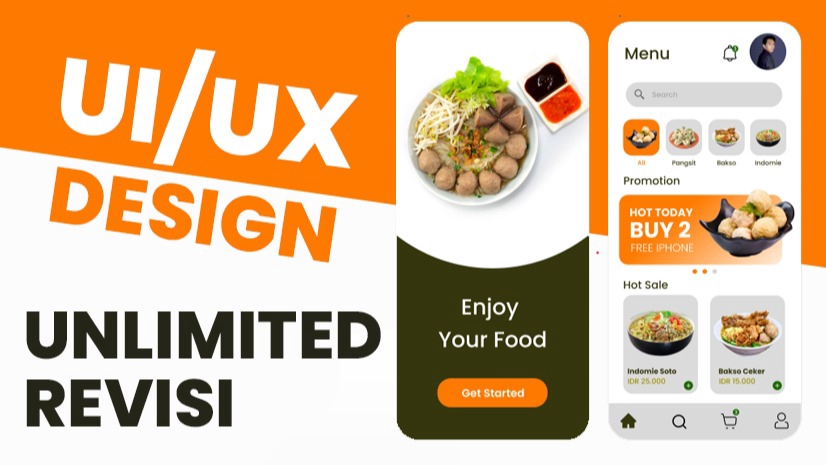 Desain UI UX mobile aplikasi untuk aplikasi pesan antar makanan dengan desain minimalis dan modern.