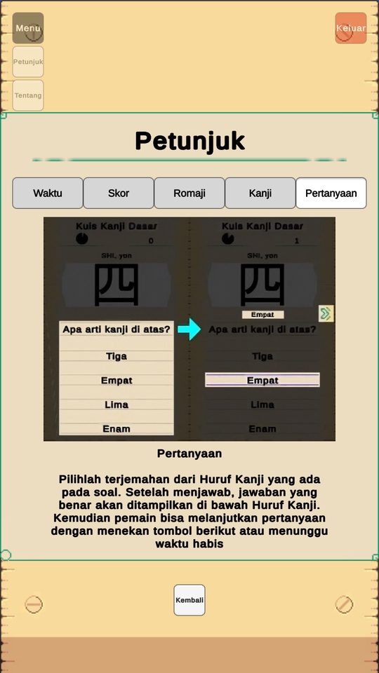 Jasa pembuatan game android - gambar contoh game edukasi untuk anak dengan pilihan jawaban mengenai kanji Jepang.