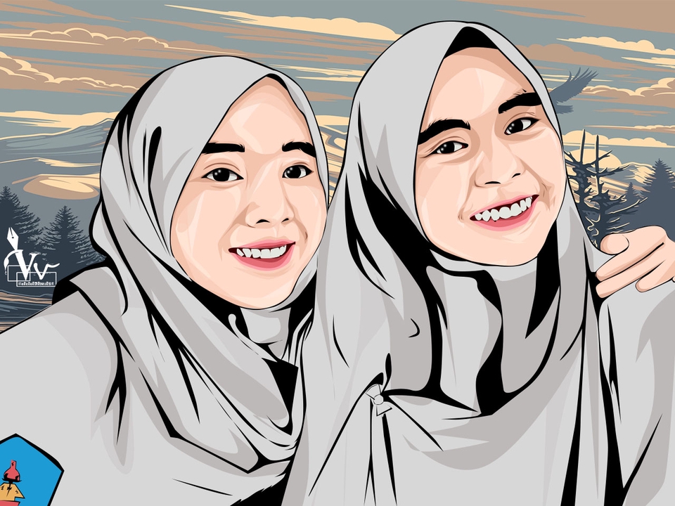 Jasa karikatur wajah desain vektor, ilustrasi portrait wanita berhijab dengan warna abu-abu