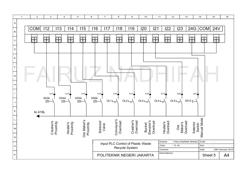 Jasa drafter autocad, pembuatan gambar autocad, desain autocad, drafter freelance, drafter arsitek, drafter interior, jasa drafter murah, autocad murah, untuk proyek kontrol PLC sistem pengolahan sampah plastik.