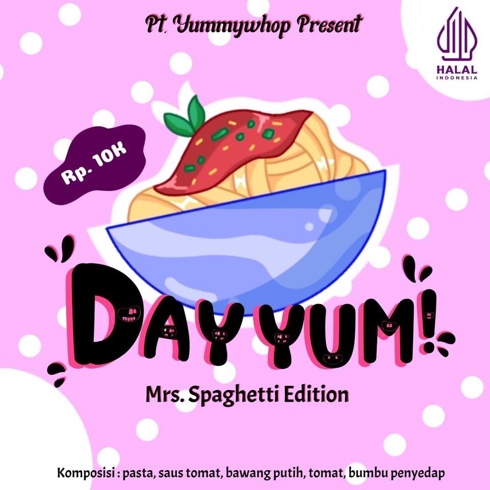 Jasa desain kemasan makanan unik dan menarik untuk produk makanan seperti spaghetti, dengan desain label dan stiker yang eye-catching.