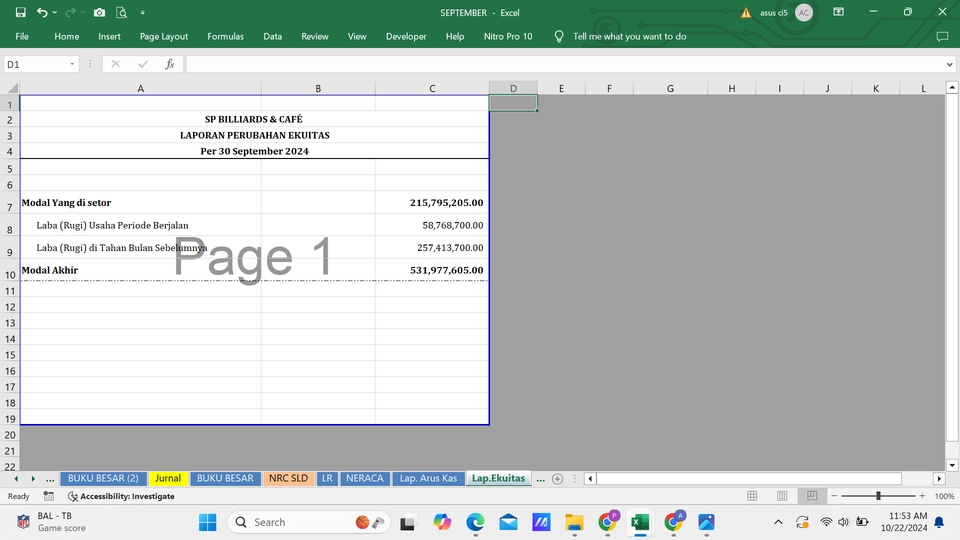 Jasa data entry laporan perubahan ekuitas excel dengan data per 30 September 2023