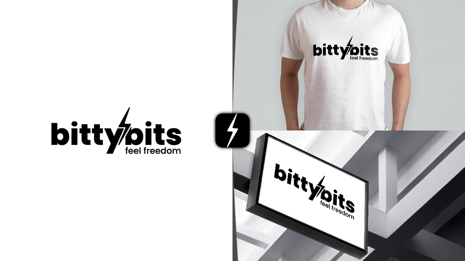 Desain logo "Bitty Bits" dengan ikon petir, logo untuk perusahaan, branding, dan usaha kecil.