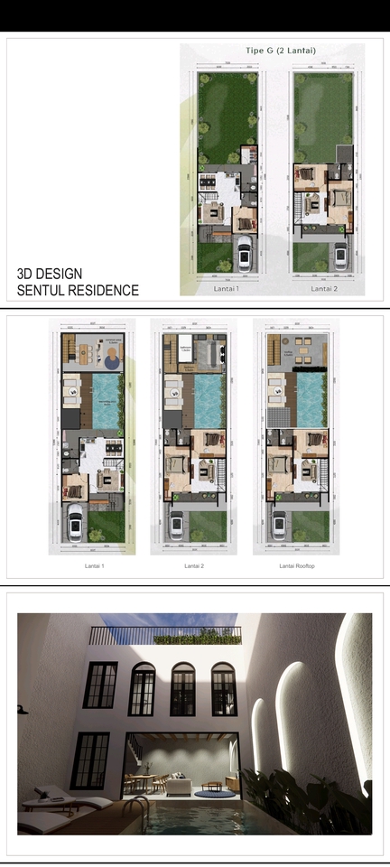 Jasa desain arsitektur 3D rumah minimalis Sentul Residence dengan desain interior dan eksterior modern.