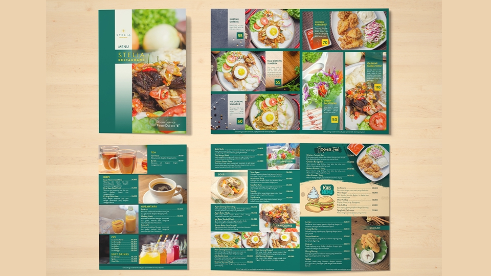 Desain menu makanan untuk restoran dan cafe dengan desain menarik dan profesional.
