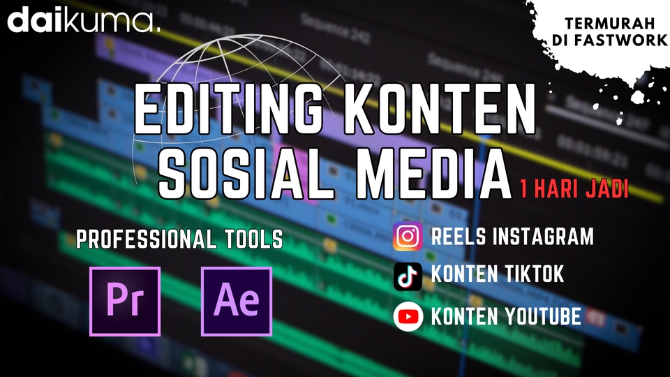 Jasa edit video profesional untuk konten media sosial, Reels Instagram, Tiktok, dan Youtube. Harga edit video terjangkau.