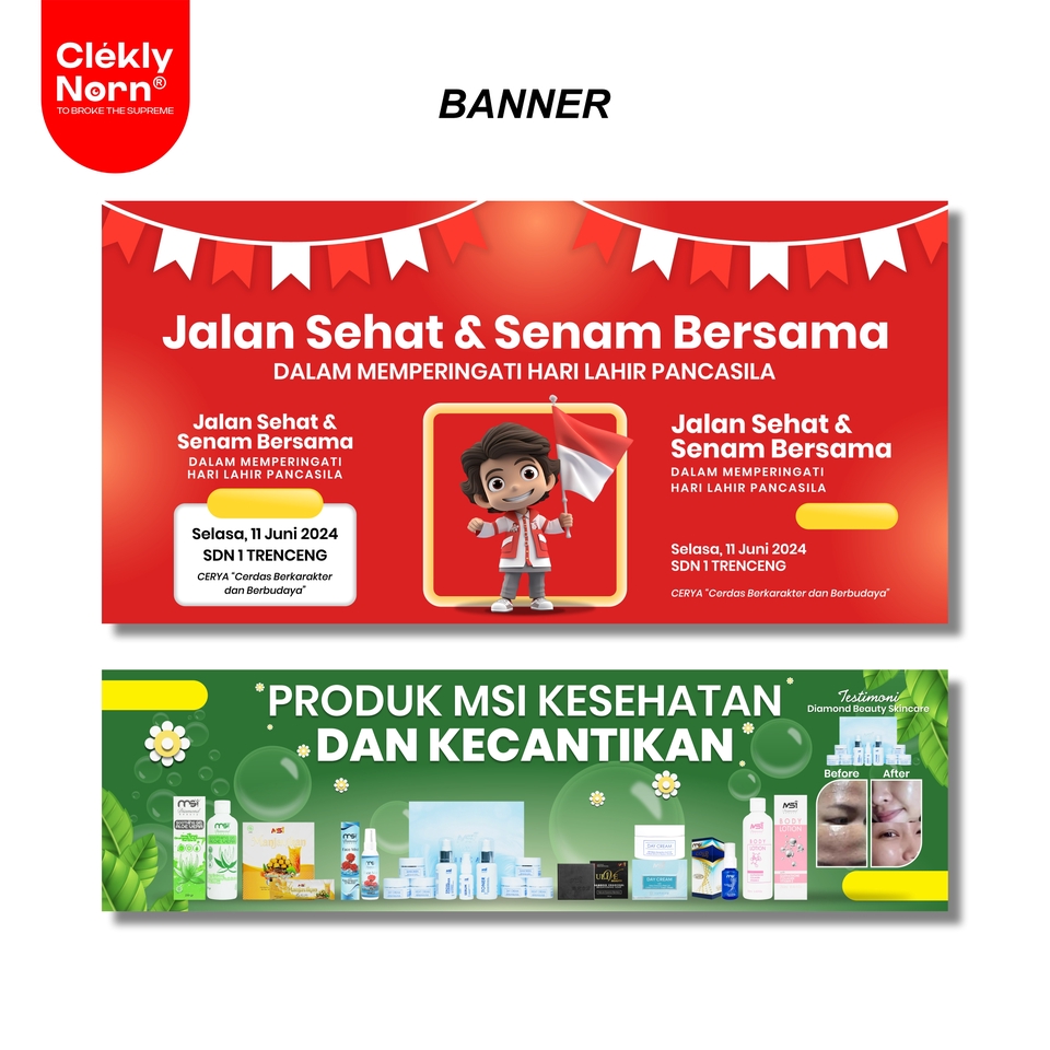 Spanduk promosi desain sehat dan senam bersama untuk memperingati hari lahir pancasila dengan desain unik dan kreatif.