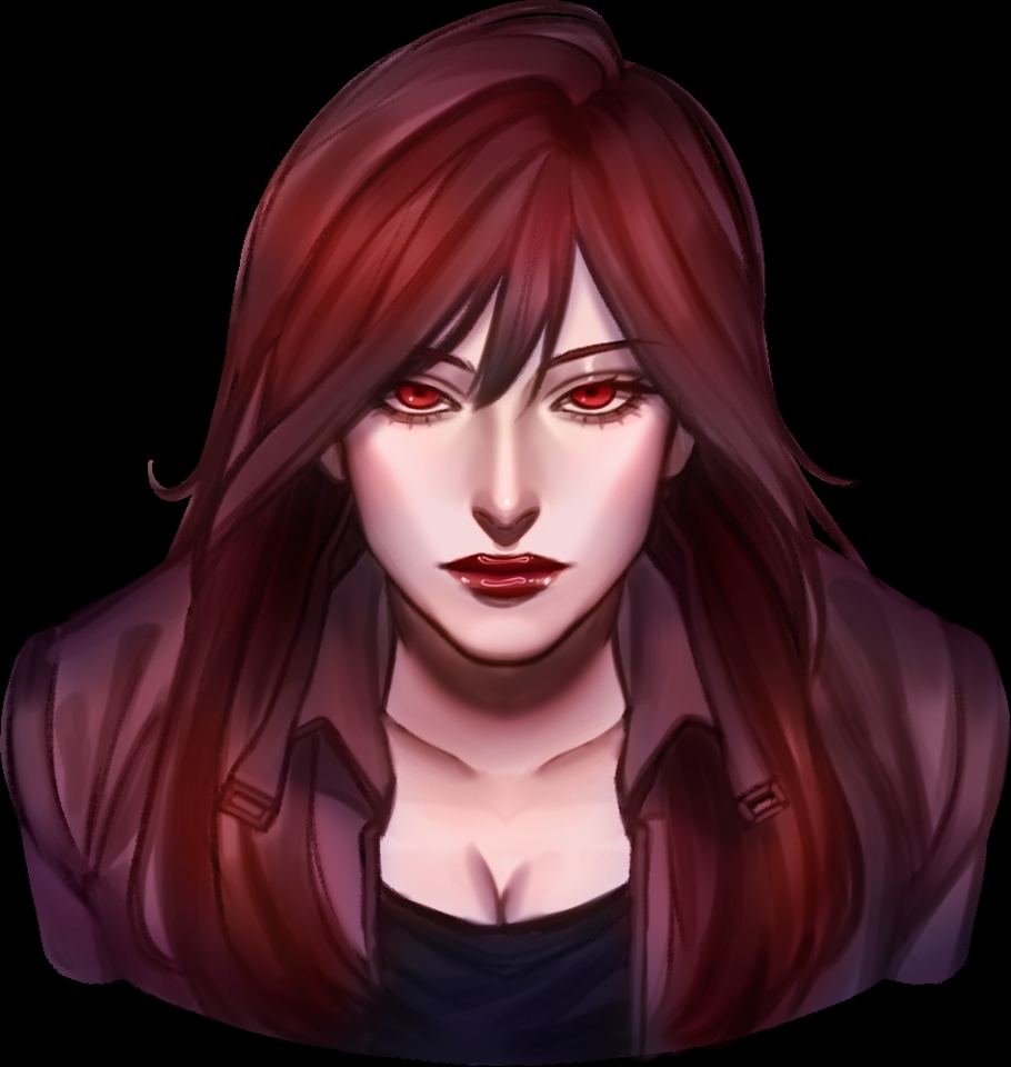 Ilustrasi wanita dengan rambut merah, mata merah, dan lipstik merah, memakai baju coklat