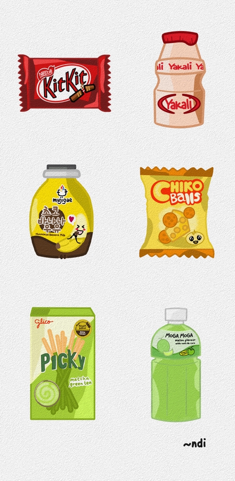 Ilustrasi makanan dan minuman dari berbagai merek populer seperti KitKat, Yakult, Mujigae, Chiko Balls, Picky dan Moga Moga.