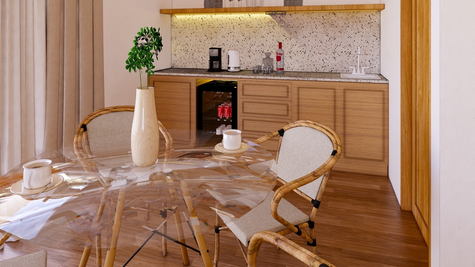 Desain interior kafe minimalis dengan meja dan kursi kayu, cocok untuk inspirasi desain kafe modern.