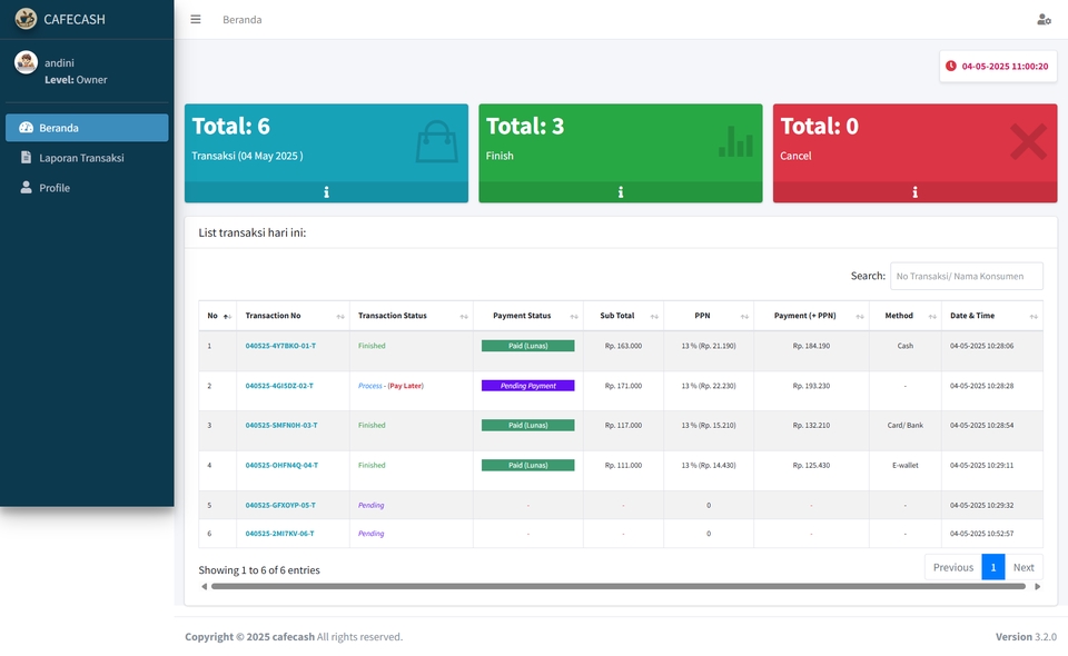 Aplikasi desktop dengan daftar transaksi dan total transaksi sukses, gagal, dan dibatalkan.