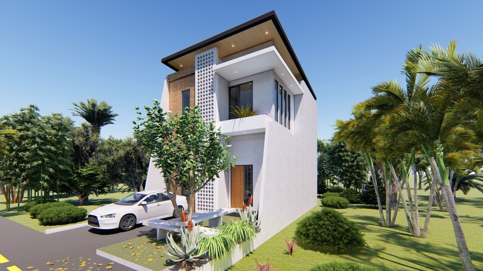 Jasa desain exterior 3d untuk rumah minimalis modern dengan kolam renang dan taman hijau.