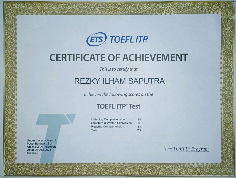 Sertifikat TOEFL ITP Rezky Ilham Saputra - bukti kemampuan bahasa Inggris untuk pekerjaan freelance